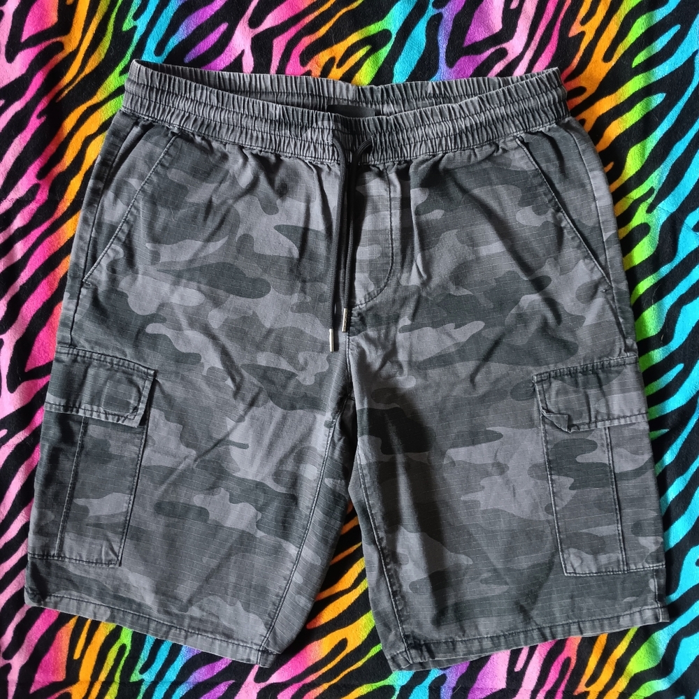 🖤 Lazer Mens Gray Camo Shorts Small Cotton Camoflauge Elastic Cargo Pockets